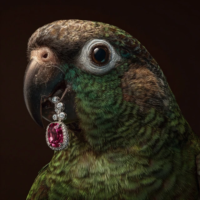 Parrot with Ruby Earring Luxury Product Photography