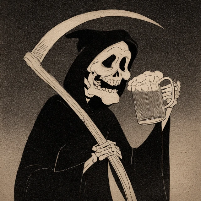 Happy Grim Reaper Drinking Beer Cartoon Illustration