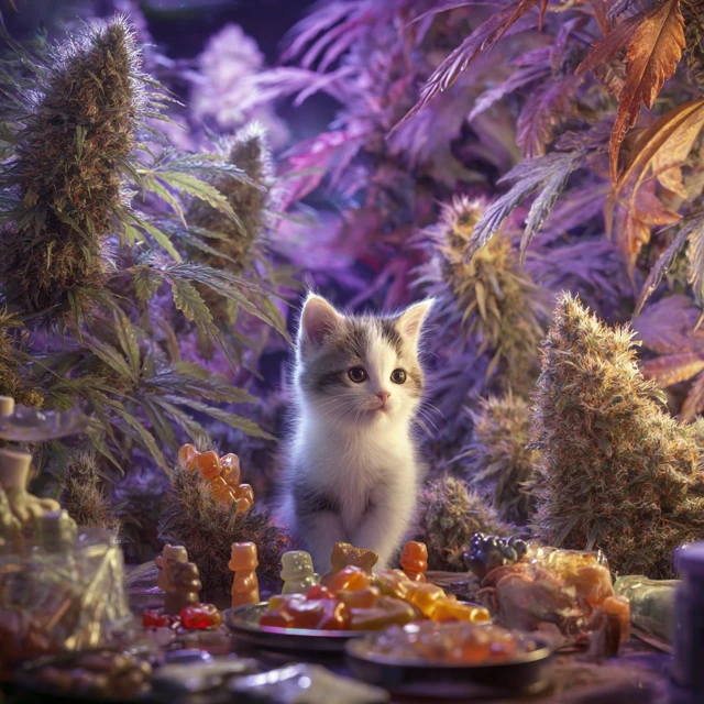 Kitten in a Cannabis Garden with Edibles