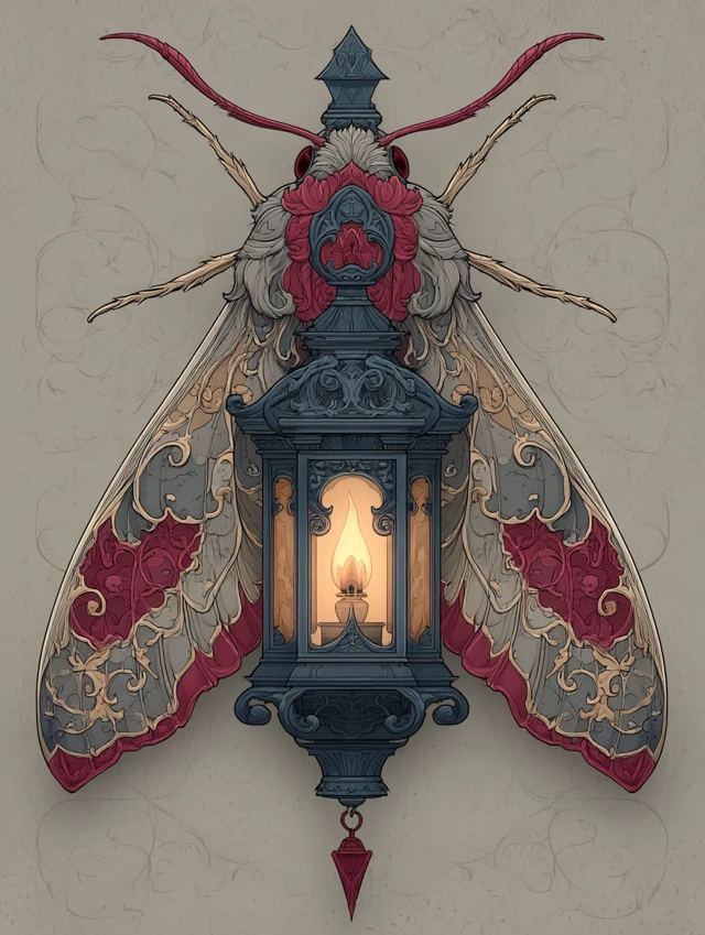 Gothic Moth and Lantern Tattoo Flash Art
