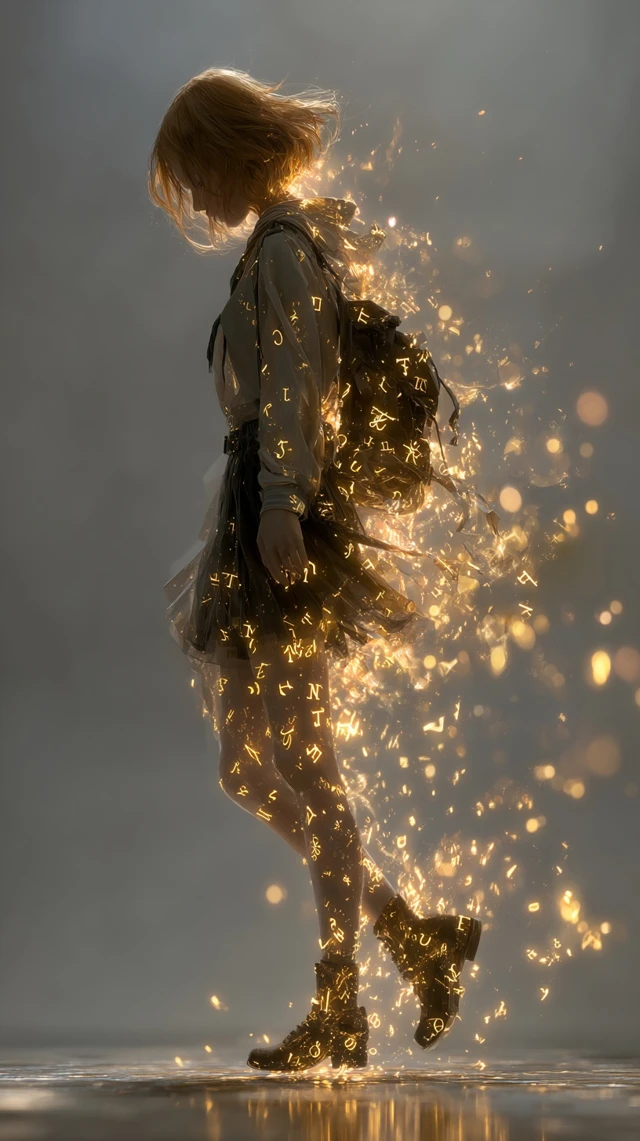 Girl Dissolving into Golden Symbols Dreamlike Art