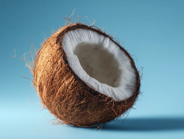 Fresh Coconut Half Close Up on Pastel Blue Background