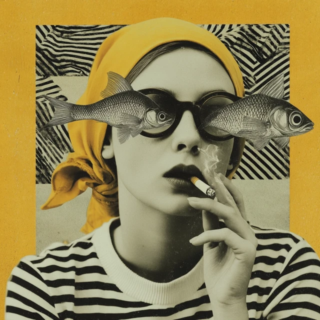 Surreal Portrait Girl with Fish Eyes and Cigarette