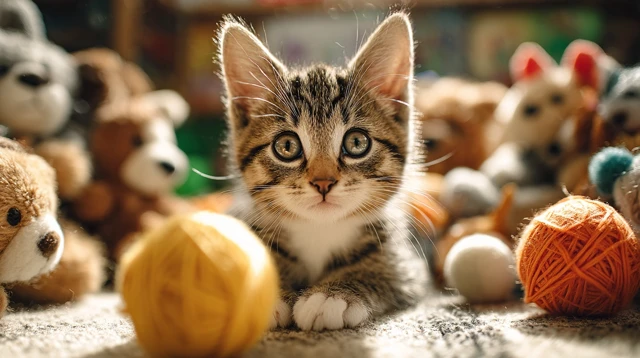 Cute Kitten Playing with Yarn Warm Sunlight