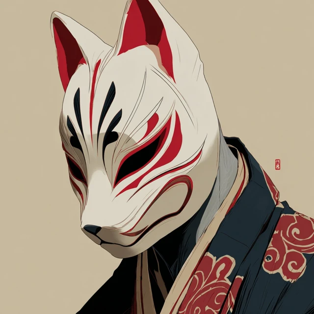 Kitsune Mask Ukiyo e Art Inspired by Shiba Kokan