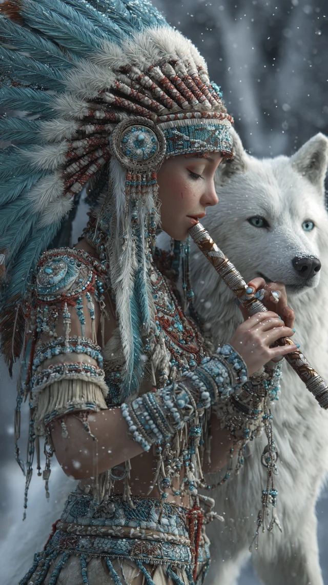 Native American Woman with Wolf in Snowy Forest