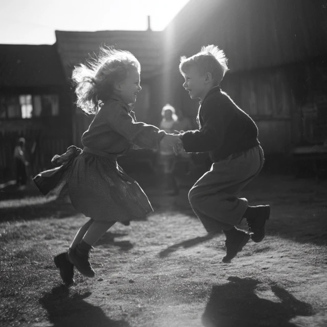 Children Playing Black and White Photo