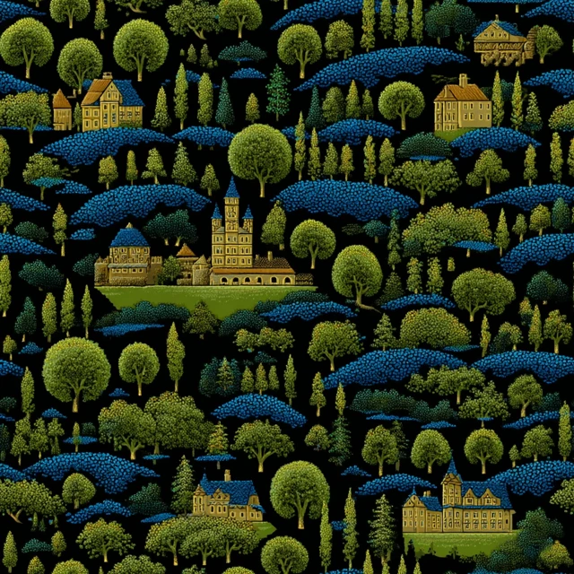 Landscape Fabric Pattern Village Castle Green Blue Gold