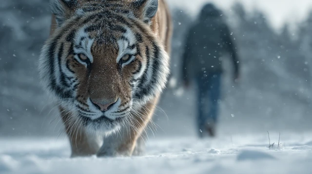 Tiger in the Snow Cinematic Wildlife Photography