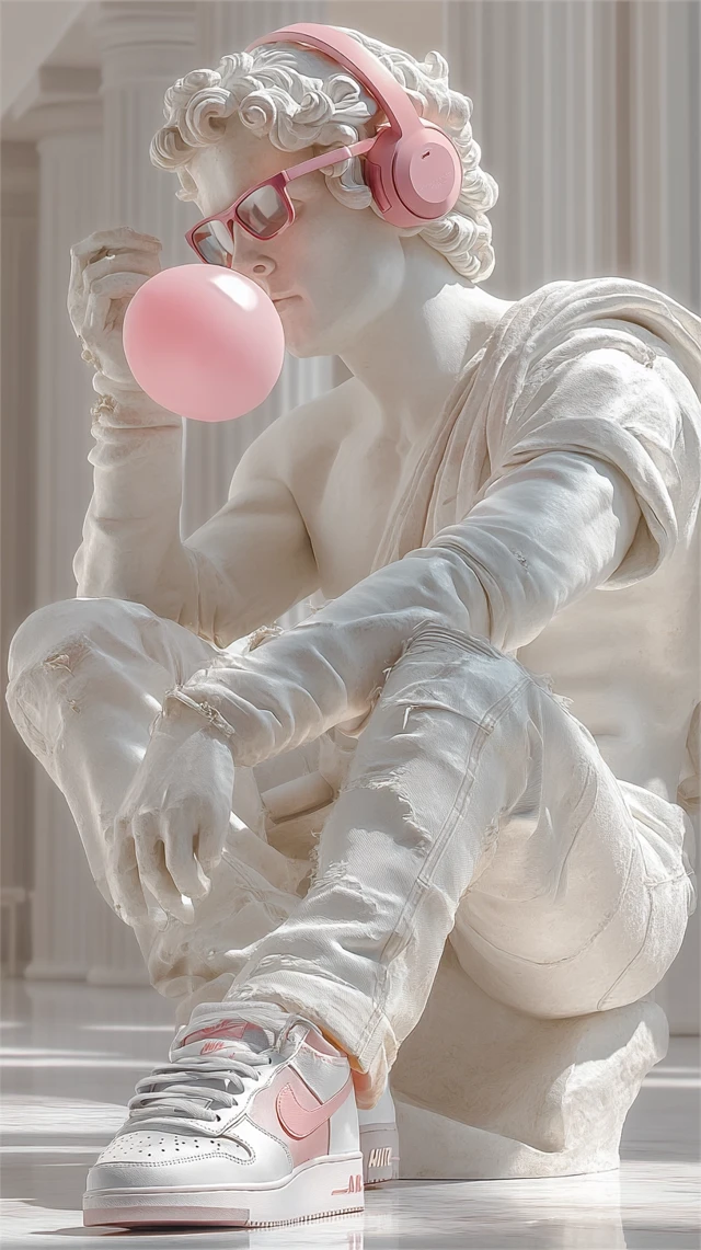 Modern David Statue with Headphones and Bubble Gum