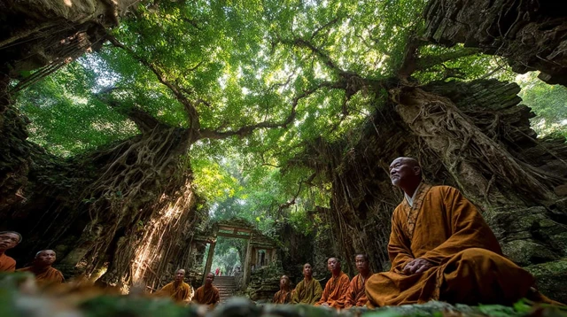 Serene Forest Scene: Monks in a Spiritual Gathering