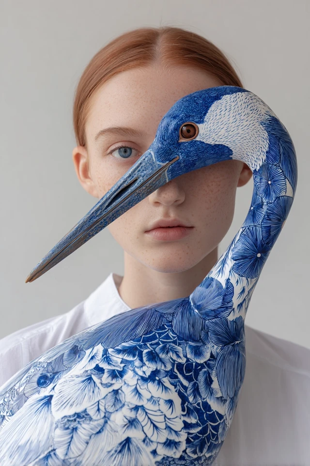 Woman with Crane Porcelain Art Fashion Portrait