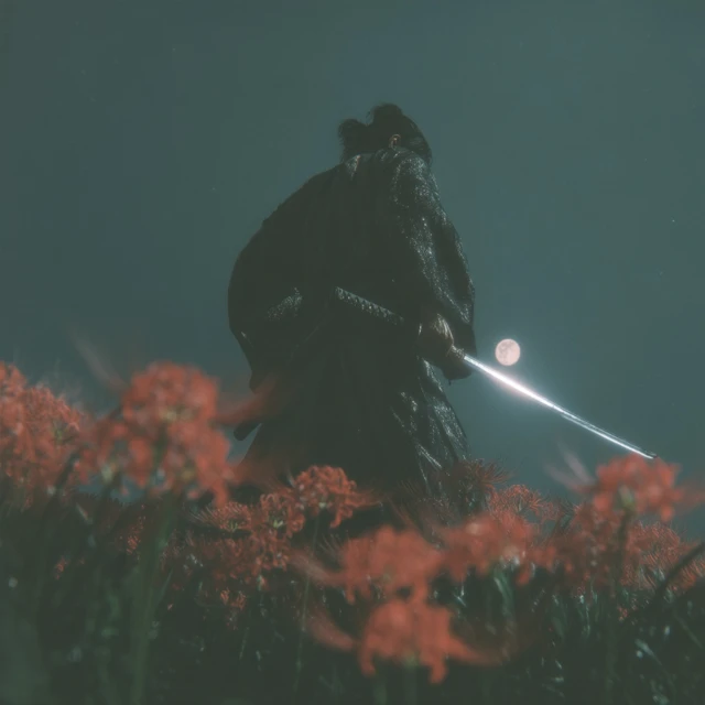 Lone Samurai in Moonlight Spider Lily Valley