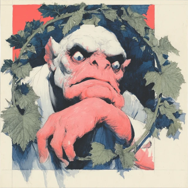 Surreal Cartoon Creature in Rhubarb Wreath
