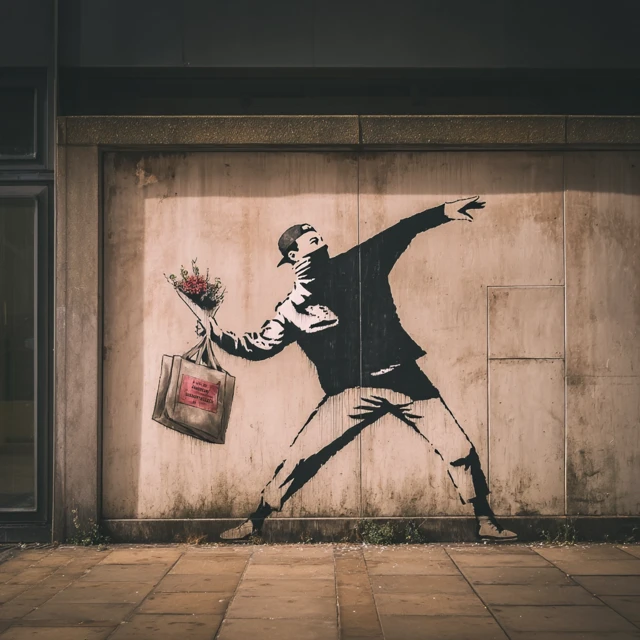 Banksy Art Man Throwing Shopping Bag