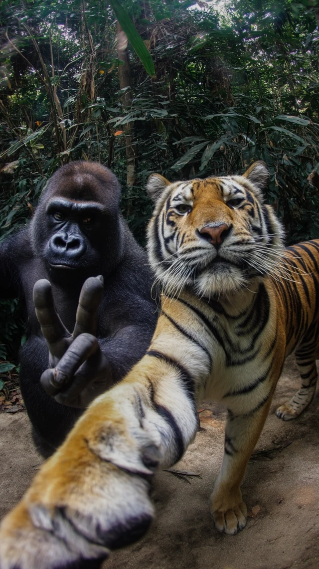 Gorilla and Tiger Peace Sign Jungle Selfie