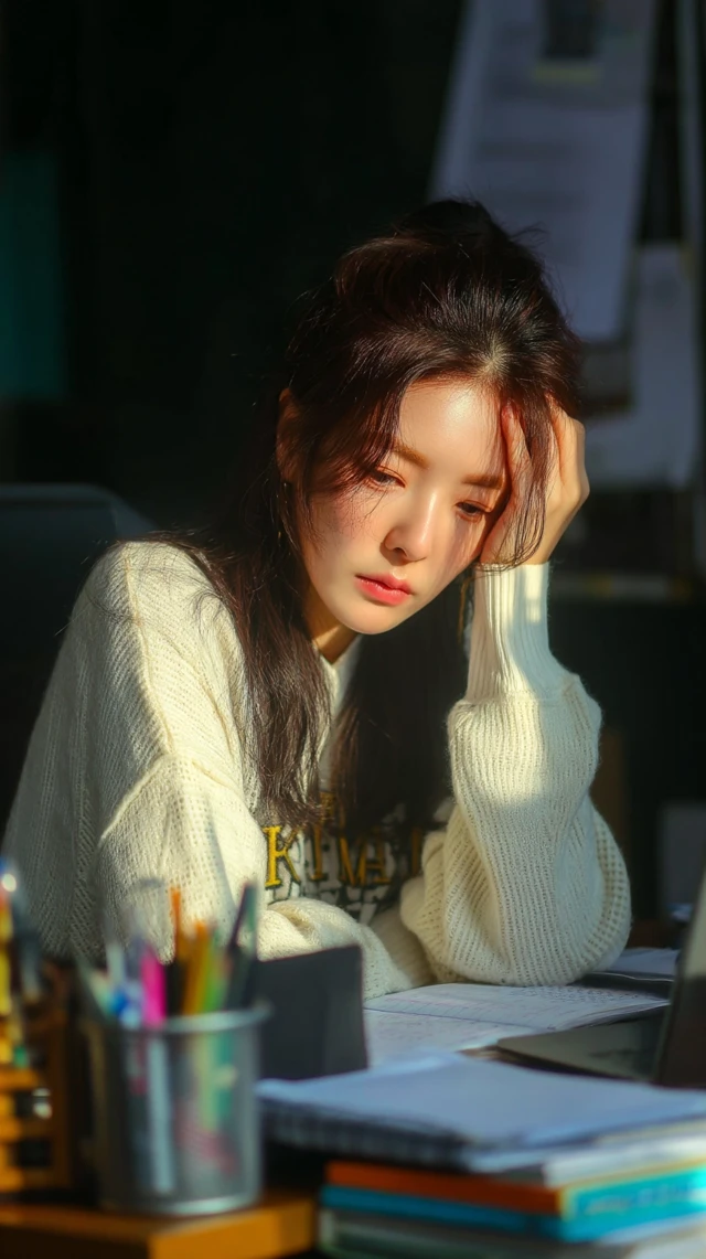 Beautiful Korean Woman Studying At Desk HDR Lighting