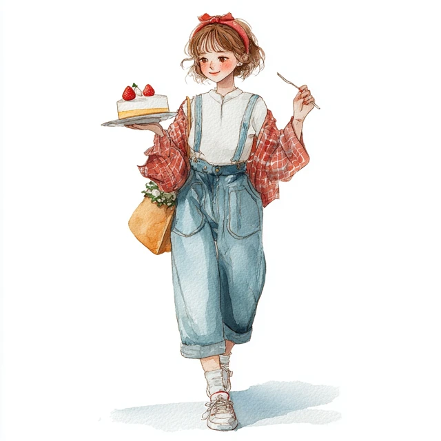 Strawberry Cake Girl Illustration Watercolor