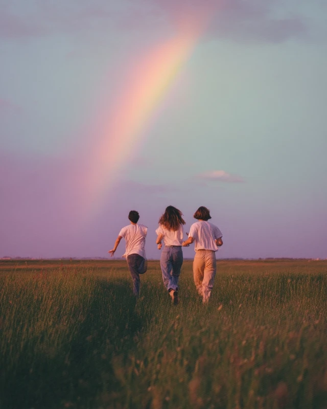Friends Chasing Rainbow Across a Field