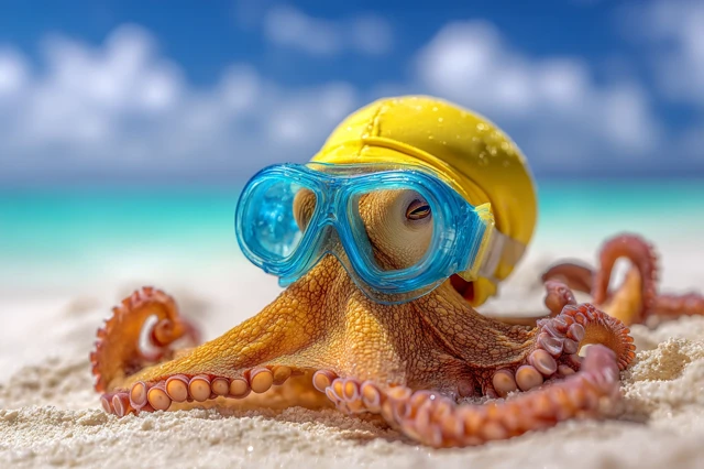 Playful Octopus on Beach with Swim Cap and Goggles
