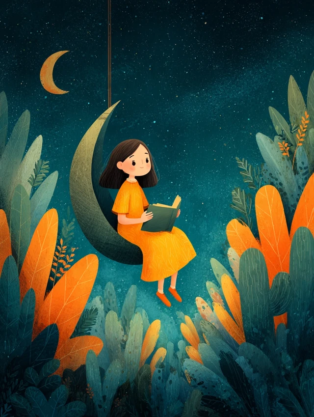 Girl Reading Under Moonlight Illustration