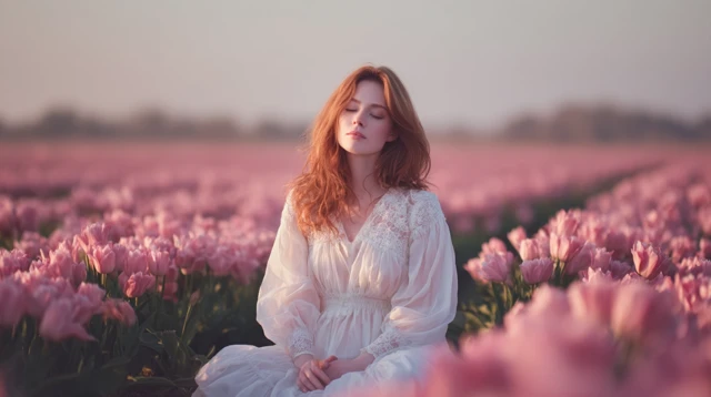 Woman in Tulip Field European Spring Beauty