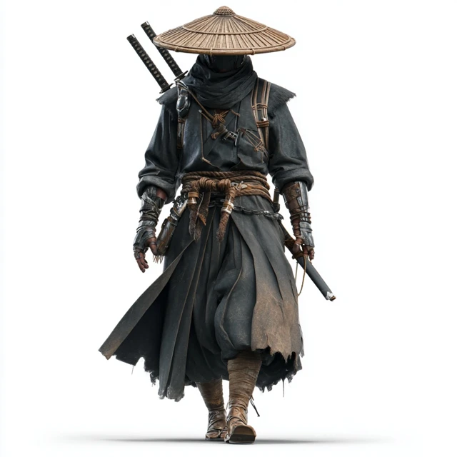 Realistic Ninja Samurai With Swords and Hat