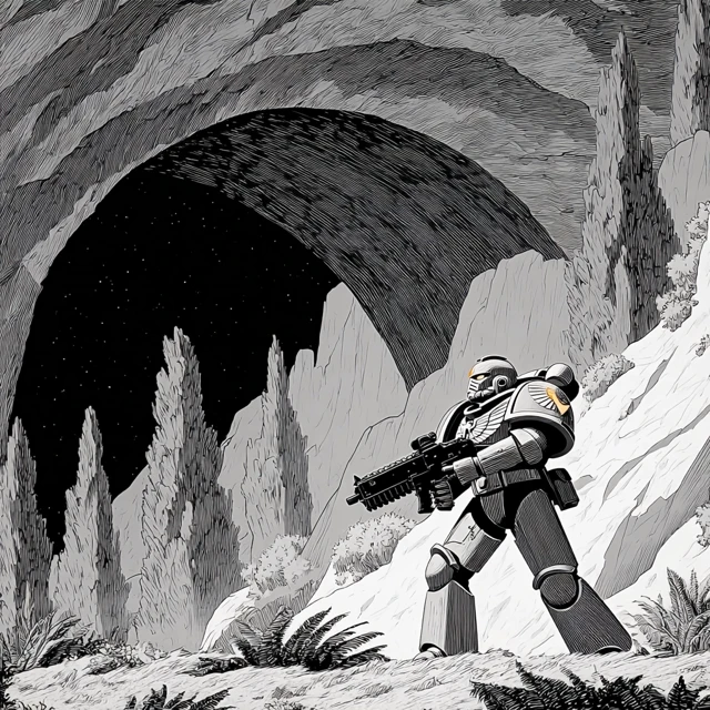 Space Marine in Cave - Black and White