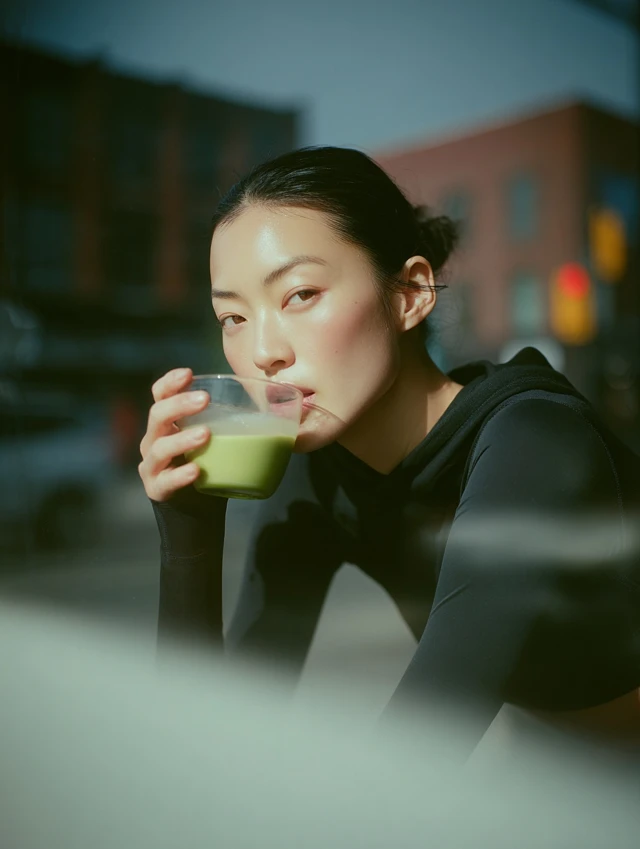 Asian Woman Enjoying Matcha Latte After Yoga Workout