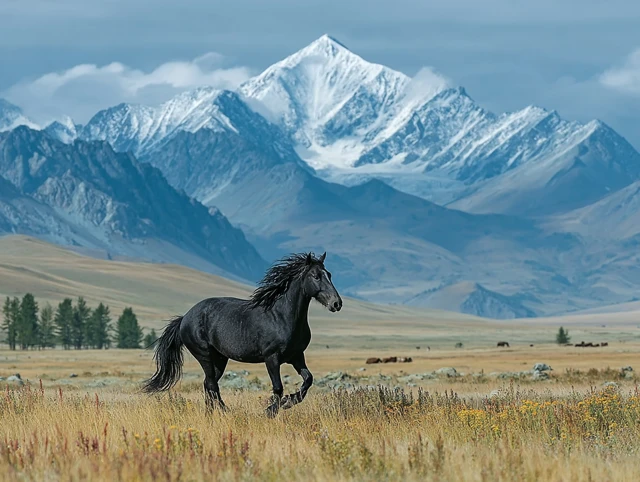 Wild Black Horse Running on the Prairie