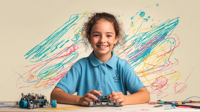 Young Inventor Girl Smiling With Robot
