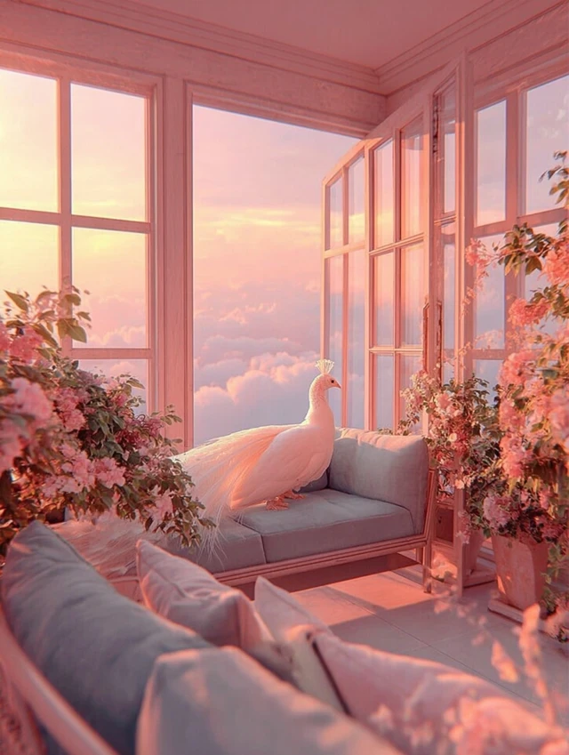 Dreamy Room with White Peacock and Pink Clouds