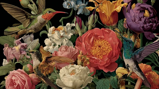 Wildflowers with Hummingbirds in Peter Riftly style