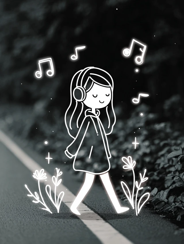 Girl Listening to Music Minimalist Illustration