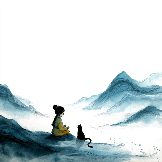 Chinese Girl Cat Zen Mountain Illustration Art