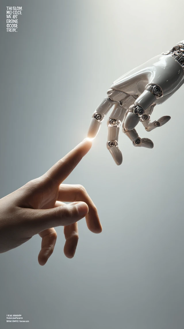 Human and Robot Hands Touching Futuristic Concept