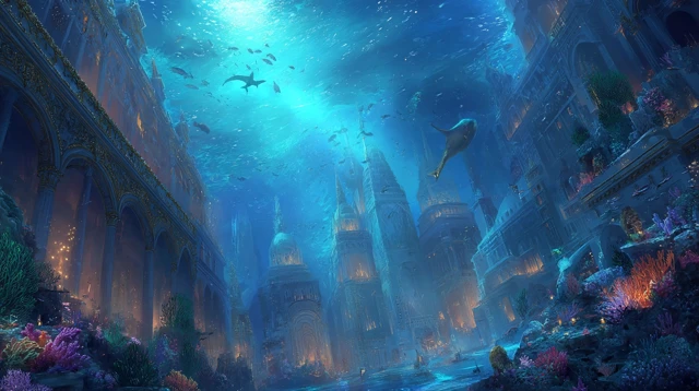 Fantasy Undersea City Glowing Coral Ruins