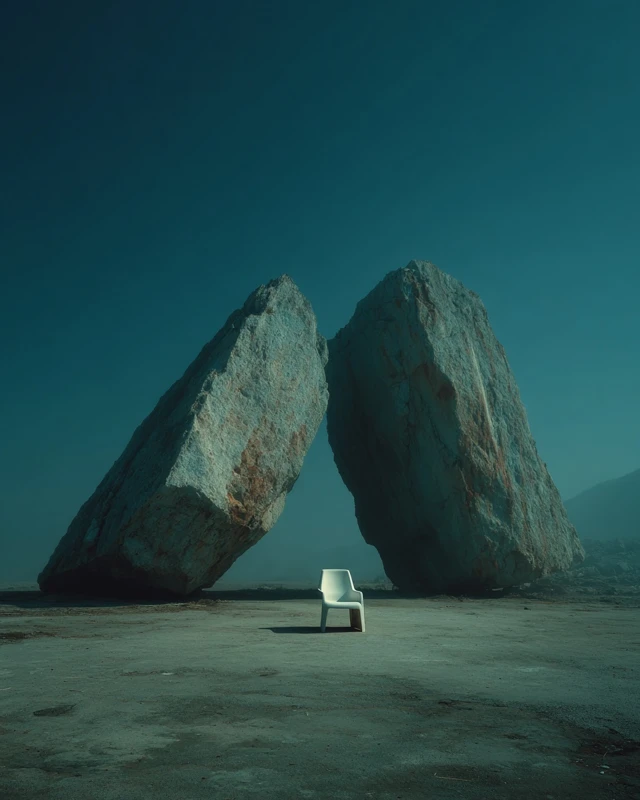 Minimalist White Chair and Dark Rocks Photography