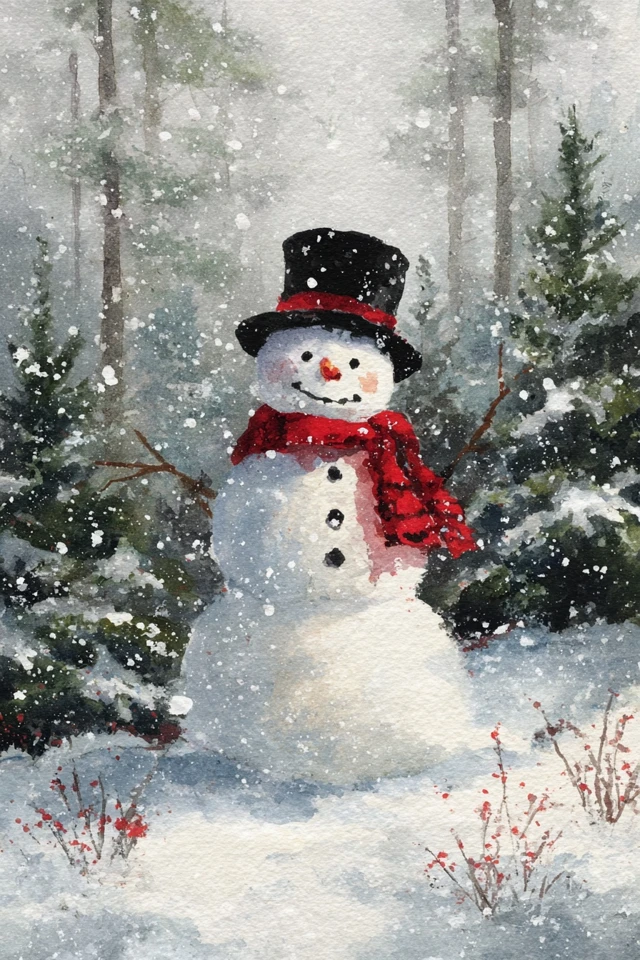 Snowman in Snowy Forest Watercolor Painting