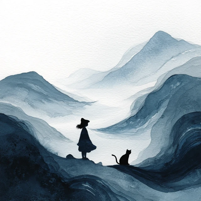 Chinese Girl Cat Zen Mountain Illustration Art