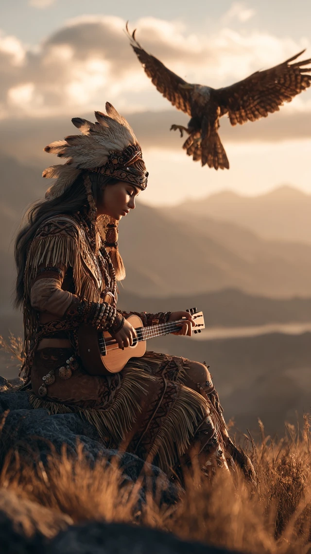 Native American Woman Playing Music With Eagle