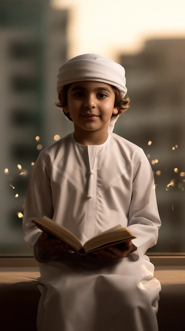 Boy Reading Quran in Sunset Light