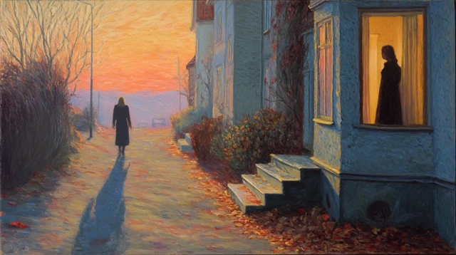 Sunset Painting Woman Walking Alone Symbolic Art