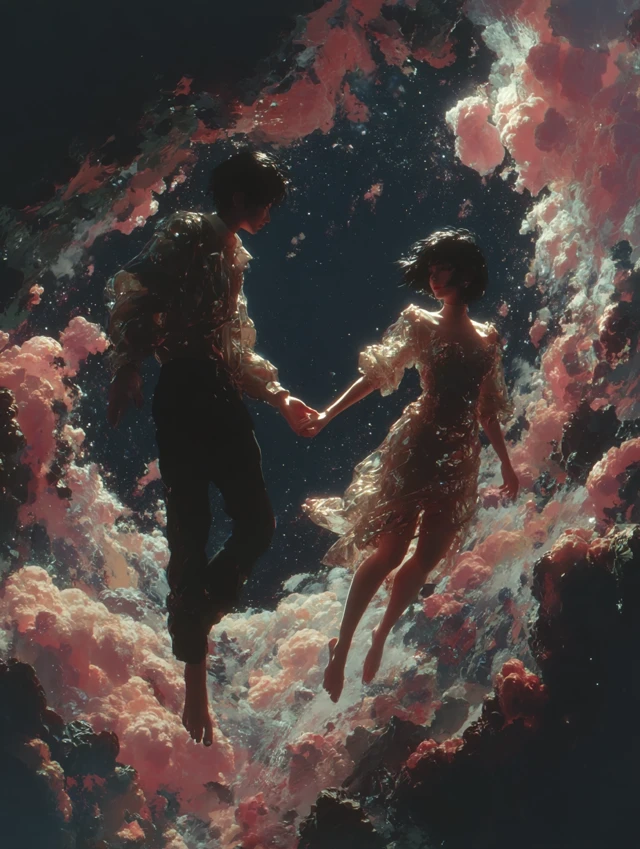 Couple in Space Holding Hands - Minimalist Art