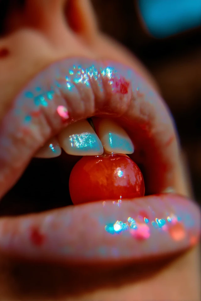 Glossy Lips with Cherry: Ultra Realistic Close-Up