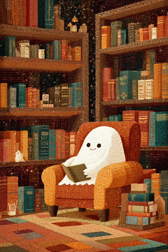 Cozy Halloween Ghost in a Spooky Library Embroidery Art