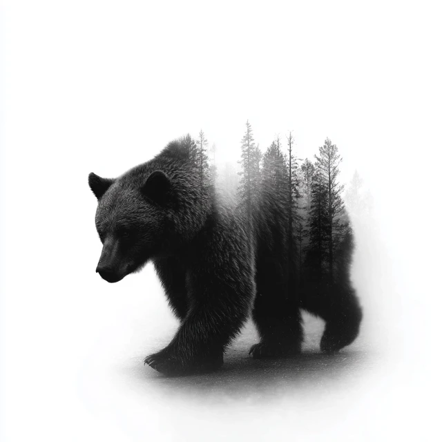 Black Bear Forest Surreal Black and White Art