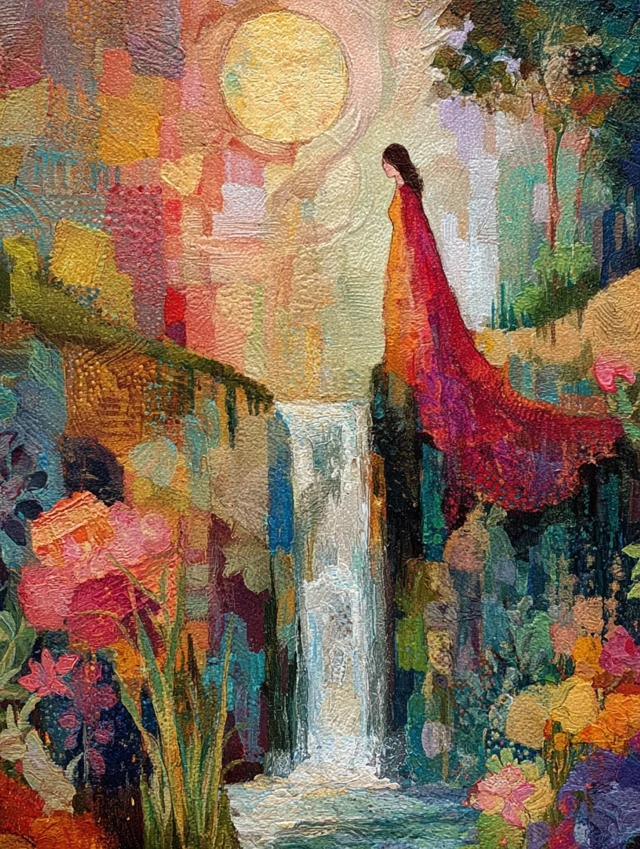 Pink Fairy Waterfall Painting Art Nouveau Style