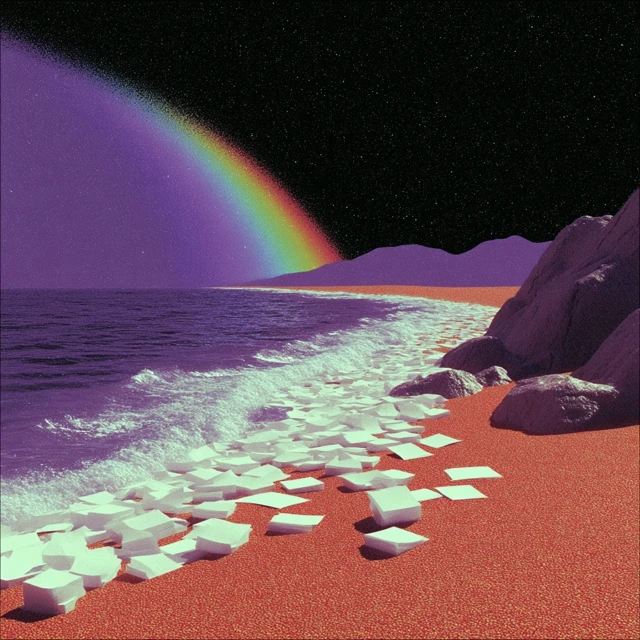 Psychedelic Beach Scene with Rainbow and Papers