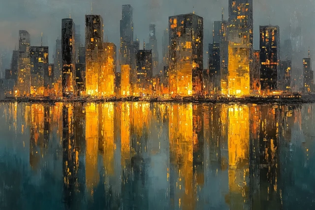 New York City Night Painting: Skyscrapers and Reflections